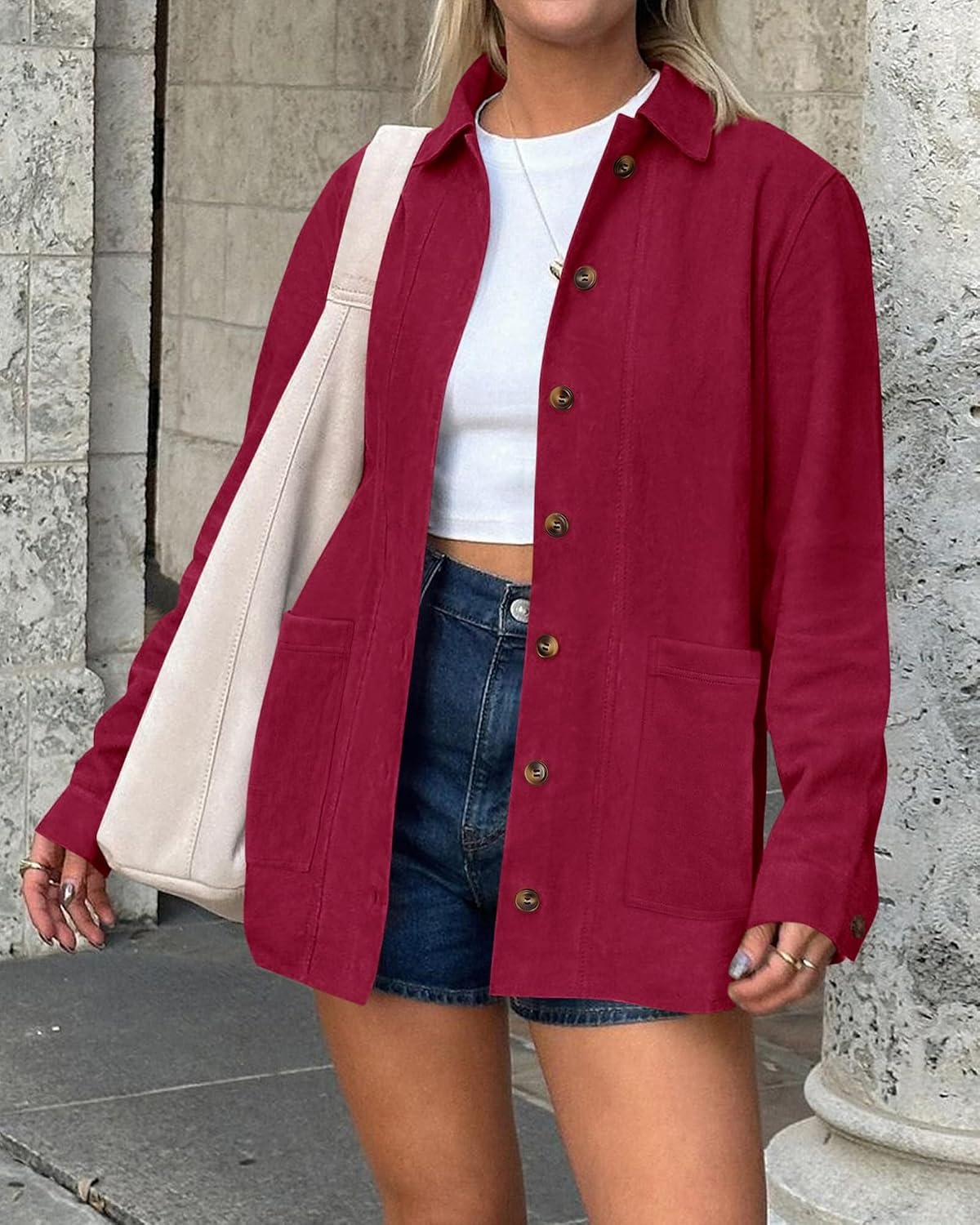 image:imageBTFBM Fall Fashion Faux Suede Jacket Women Winter Clothing NoSew Lapel Neck amp Cuff Long Sleeve Shackets Button Down Outerwear Lightweight Jackets Coats With Pocket Western OutfitRed