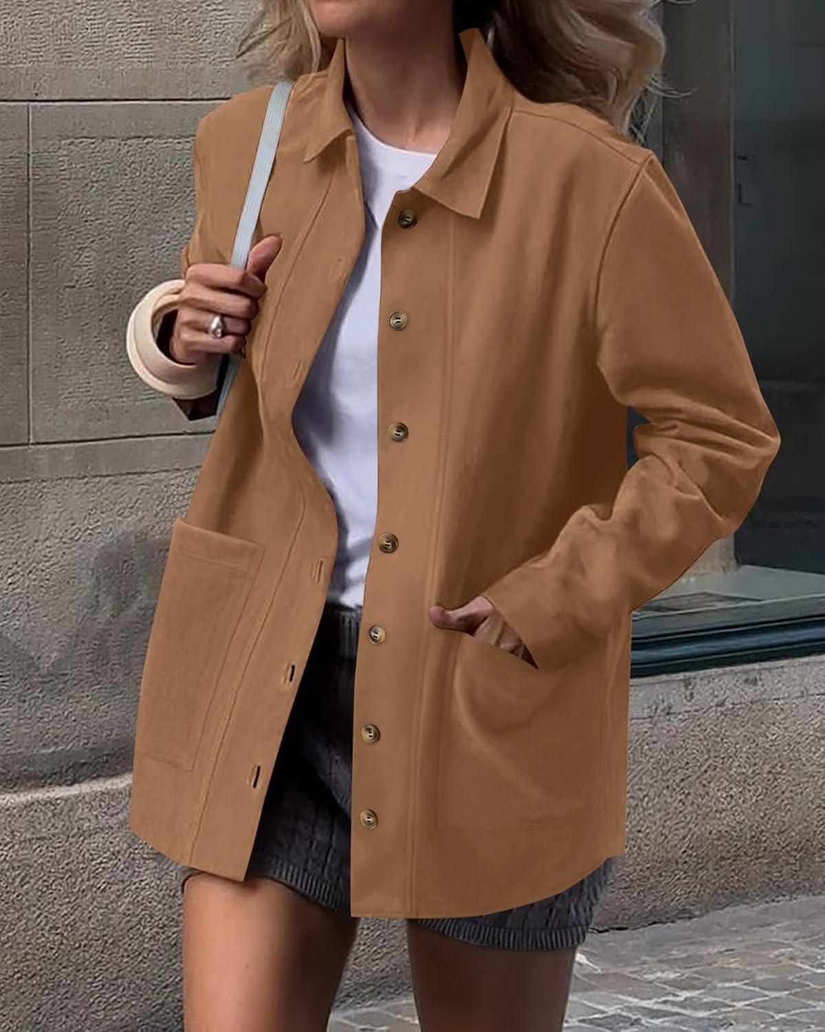 image:imageBTFBM Fall Fashion Faux Suede Jacket Women Winter Clothing NoSew Lapel Neck amp Cuff Long Sleeve Shackets Button Down Outerwear Lightweight Jackets Coats With Pocket Western OutfitKhaki