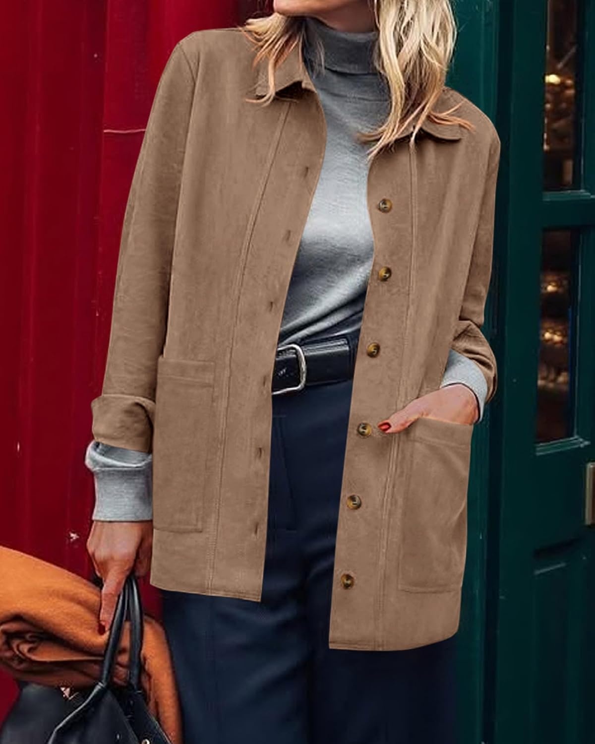 image:imageBTFBM Fall Fashion Faux Suede Jacket Women Winter Clothing NoSew Lapel Neck amp Cuff Long Sleeve Shackets Button Down Outerwear Lightweight Jackets Coats With Pocket Western OutfitLight Khaki