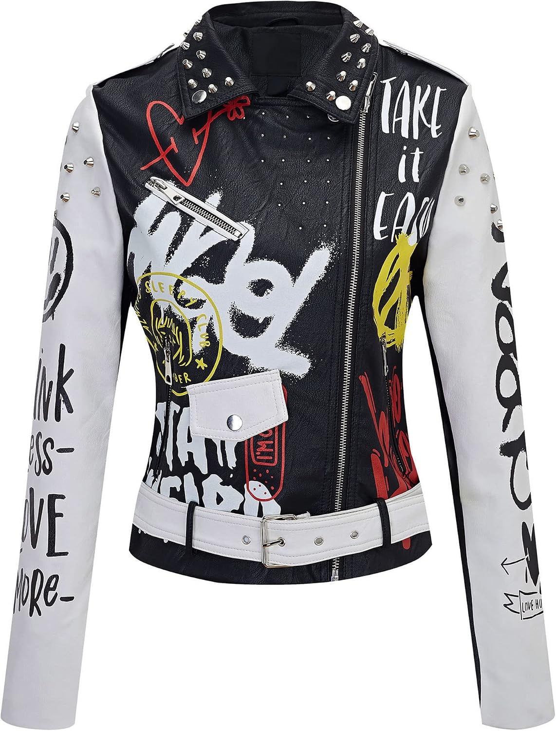 image:imageBellivera Faux Leather Jacket for Women Floral Moto Short Coat Vegan Spring Fall Belted Streetwear with Punk Graffiti Graphic Print Notched Studded Lapel Asymmetrical zip For ConcertWhite