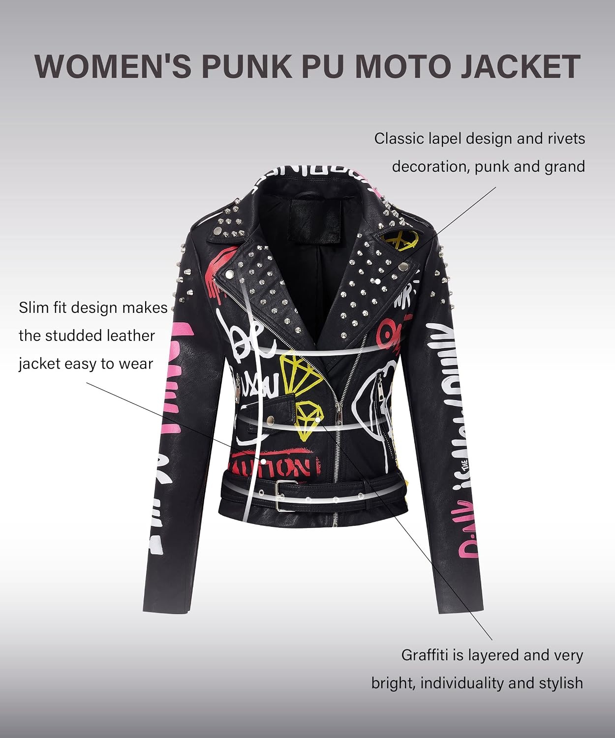 image:imageBellivera Faux Leather Jacket for Women Floral Moto Short Coat Vegan Spring Fall Belted Streetwear with Punk Graffiti Graphic Print Notched Studded Lapel Asymmetrical zip For ConcertBlack