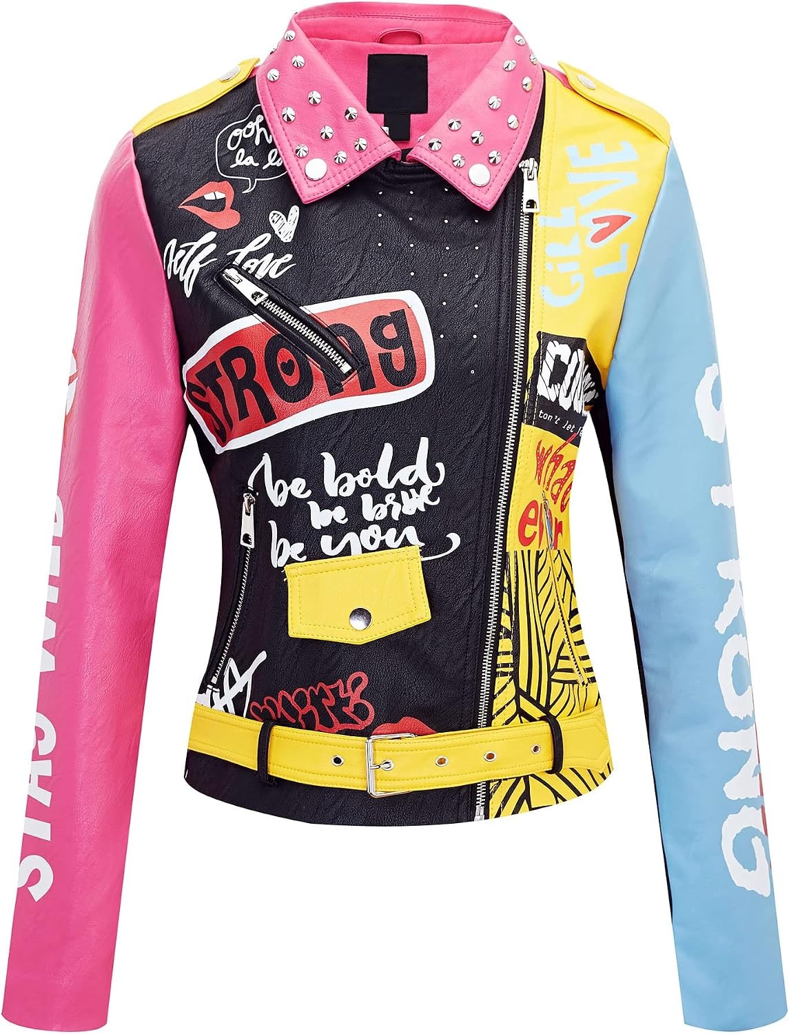 image:imageBellivera Faux Leather Jacket for Women Floral Moto Short Coat Vegan Spring Fall Belted Streetwear with Punk Graffiti Graphic Print Notched Studded Lapel Asymmetrical zip For ConcertPink Blue