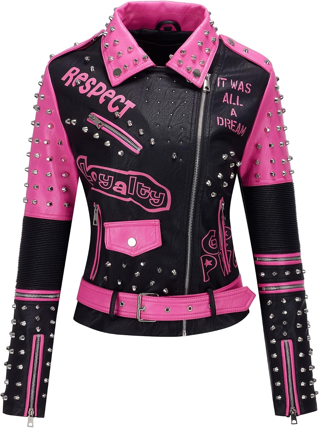 image:imageBellivera Faux Leather Jacket for Women Floral Moto Short Coat Vegan Spring Fall Belted Streetwear with Punk Graffiti Graphic Print Notched Studded Lapel Asymmetrical zip For ConcertPink Black