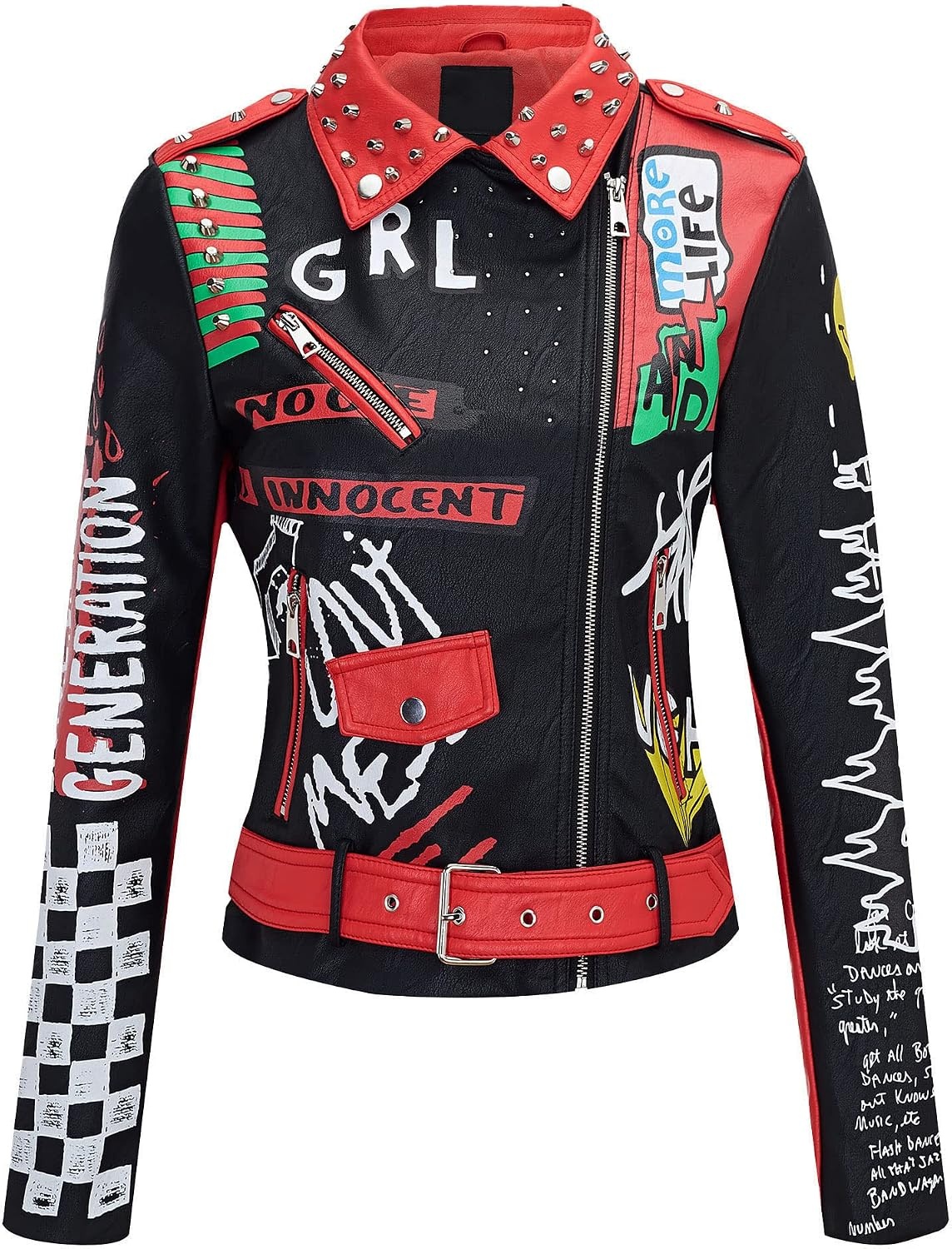 image:imageBellivera Faux Leather Jacket for Women Floral Moto Short Coat Vegan Spring Fall Belted Streetwear with Punk Graffiti Graphic Print Notched Studded Lapel Asymmetrical zip For ConcertBlack Red