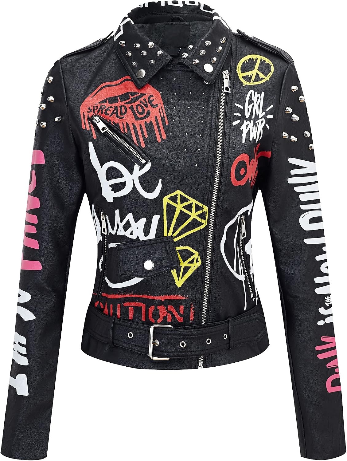 image:imageBellivera Faux Leather Jacket for Women Floral Moto Short Coat Vegan Spring Fall Belted Streetwear with Punk Graffiti Graphic Print Notched Studded Lapel Asymmetrical zip For ConcertBlack