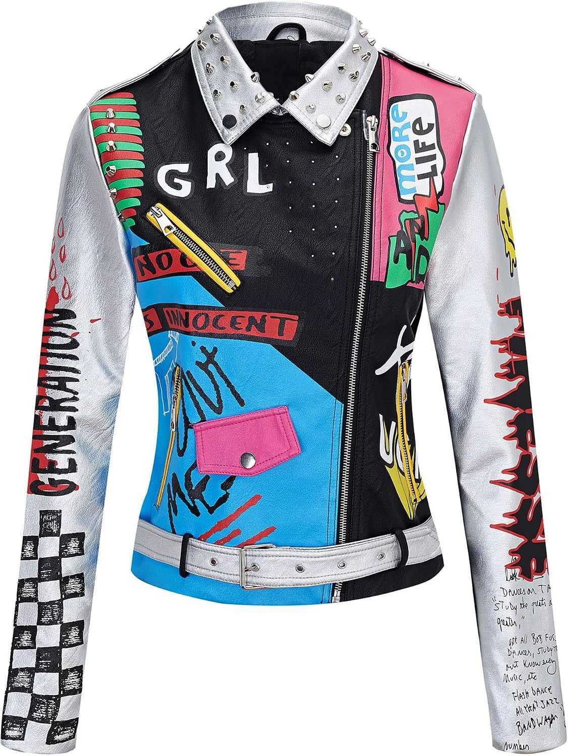 image:imageBellivera Faux Leather Jacket for Women Floral Moto Short Coat Vegan Spring Fall Belted Streetwear with Punk Graffiti Graphic Print Notched Studded Lapel Asymmetrical zip For ConcertSliver Blue Pink