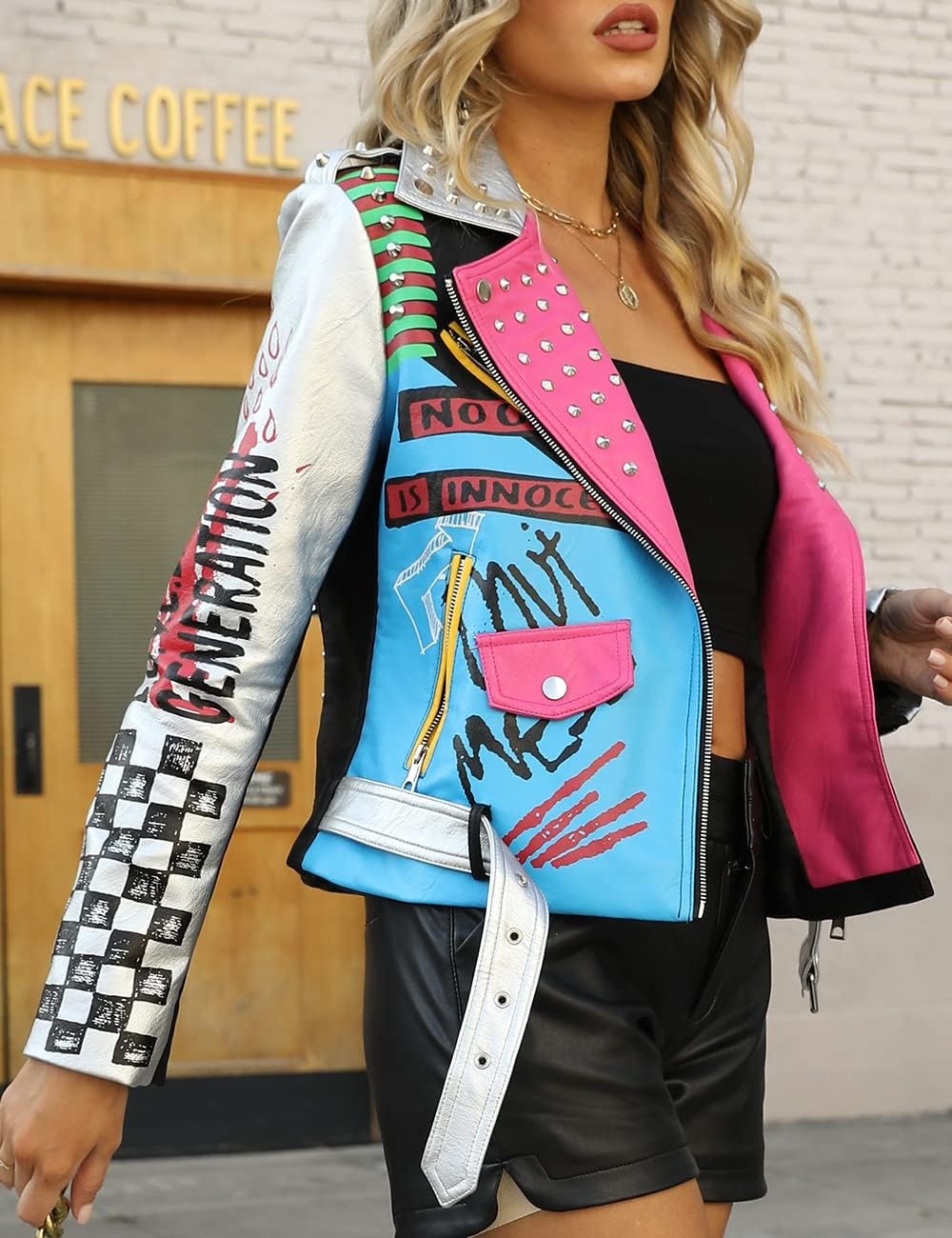 image:imageBellivera Faux Leather Jacket for Women Floral Moto Short Coat Vegan Spring Fall Belted Streetwear with Punk Graffiti Graphic Print Notched Studded Lapel Asymmetrical zip For ConcertSliver Blue Pink
