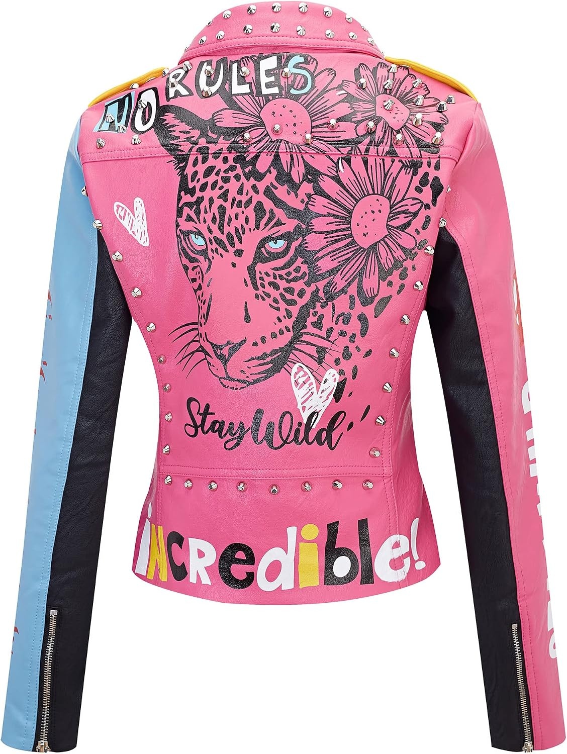 image:imageBellivera Faux Leather Jacket for Women Floral Moto Short Coat Vegan Spring Fall Belted Streetwear with Punk Graffiti Graphic Print Notched Studded Lapel Asymmetrical zip For ConcertPink Blue