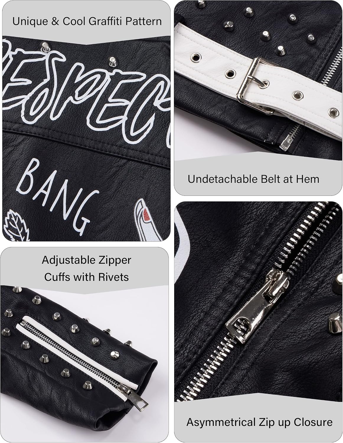 image:imageBellivera Faux Leather Jacket for Women Floral Moto Short Coat Vegan Spring Fall Belted Streetwear with Punk Graffiti Graphic Print Notched Studded Lapel Asymmetrical zip For ConcertBlack White