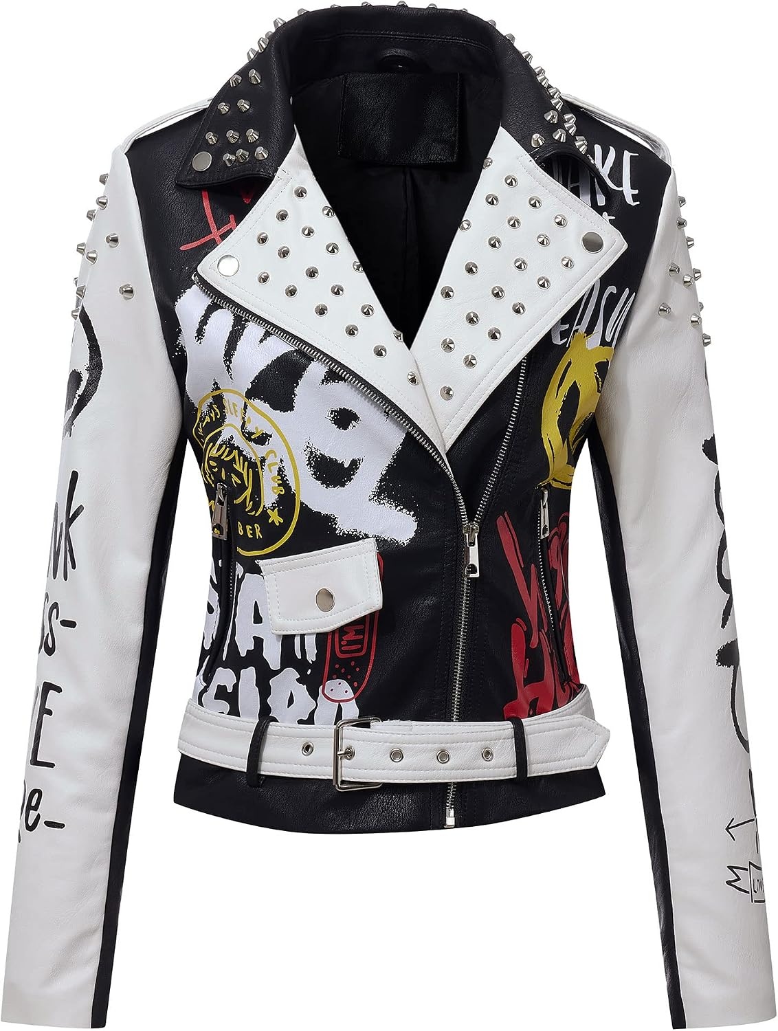 image:imageBellivera Faux Leather Jacket for Women Floral Moto Short Coat Vegan Spring Fall Belted Streetwear with Punk Graffiti Graphic Print Notched Studded Lapel Asymmetrical zip For ConcertWhite