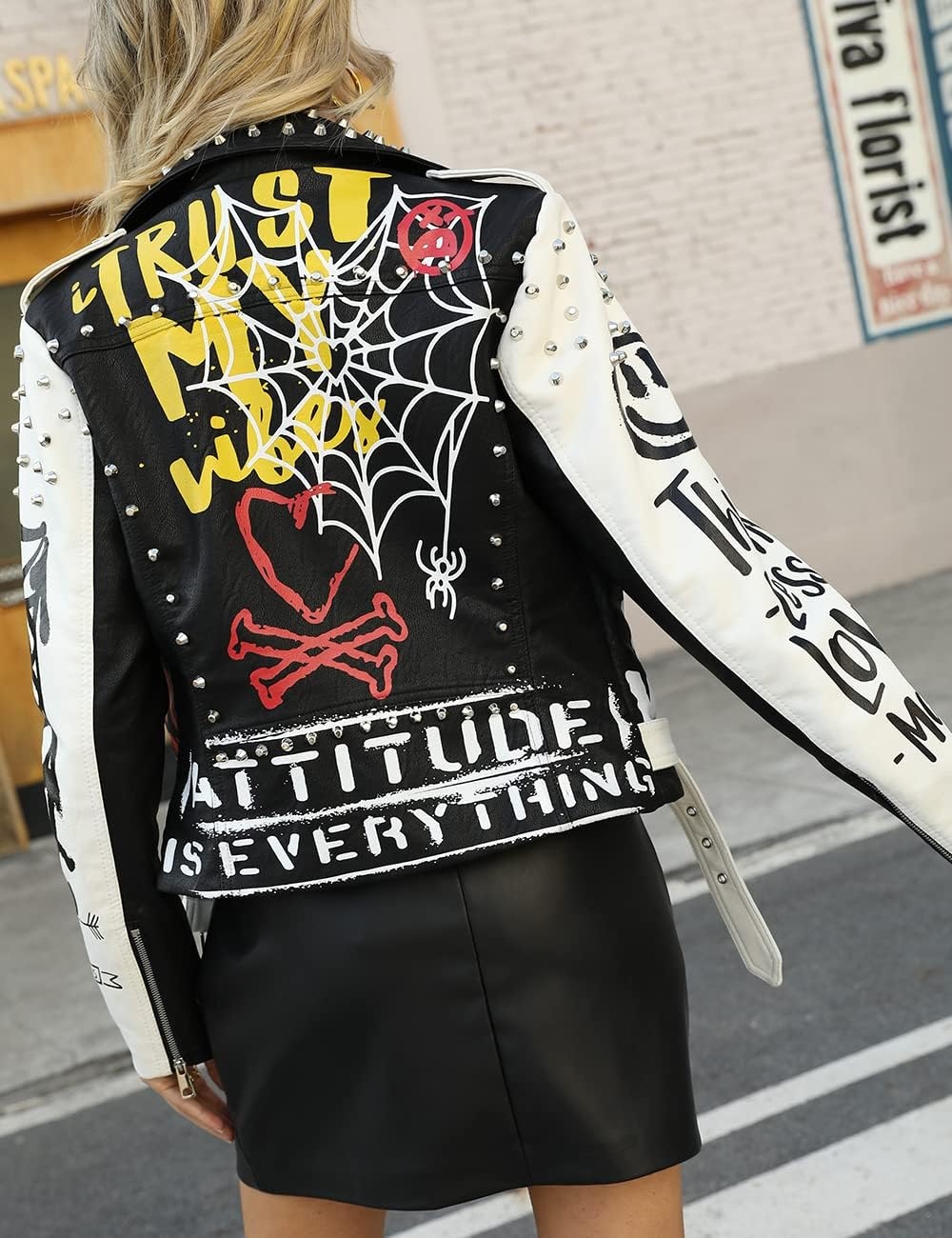 image:imageBellivera Faux Leather Jacket for Women Floral Moto Short Coat Vegan Spring Fall Belted Streetwear with Punk Graffiti Graphic Print Notched Studded Lapel Asymmetrical zip For ConcertWhite