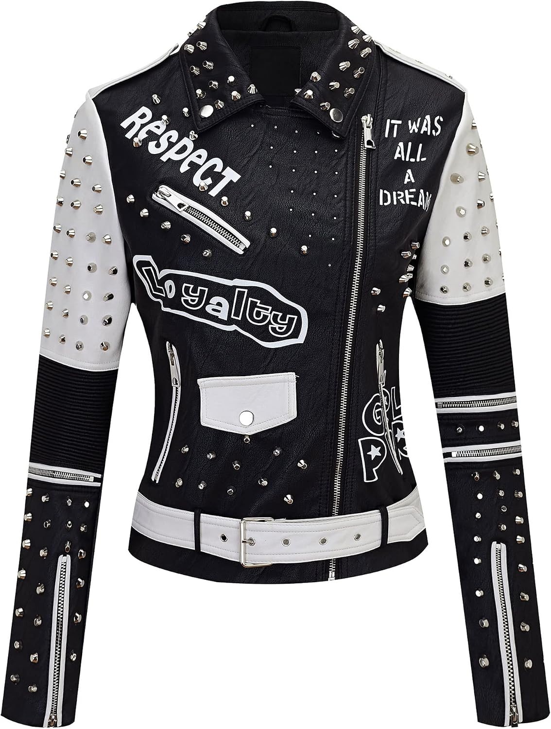 image:imageBellivera Faux Leather Jacket for Women Floral Moto Short Coat Vegan Spring Fall Belted Streetwear with Punk Graffiti Graphic Print Notched Studded Lapel Asymmetrical zip For ConcertBlack White