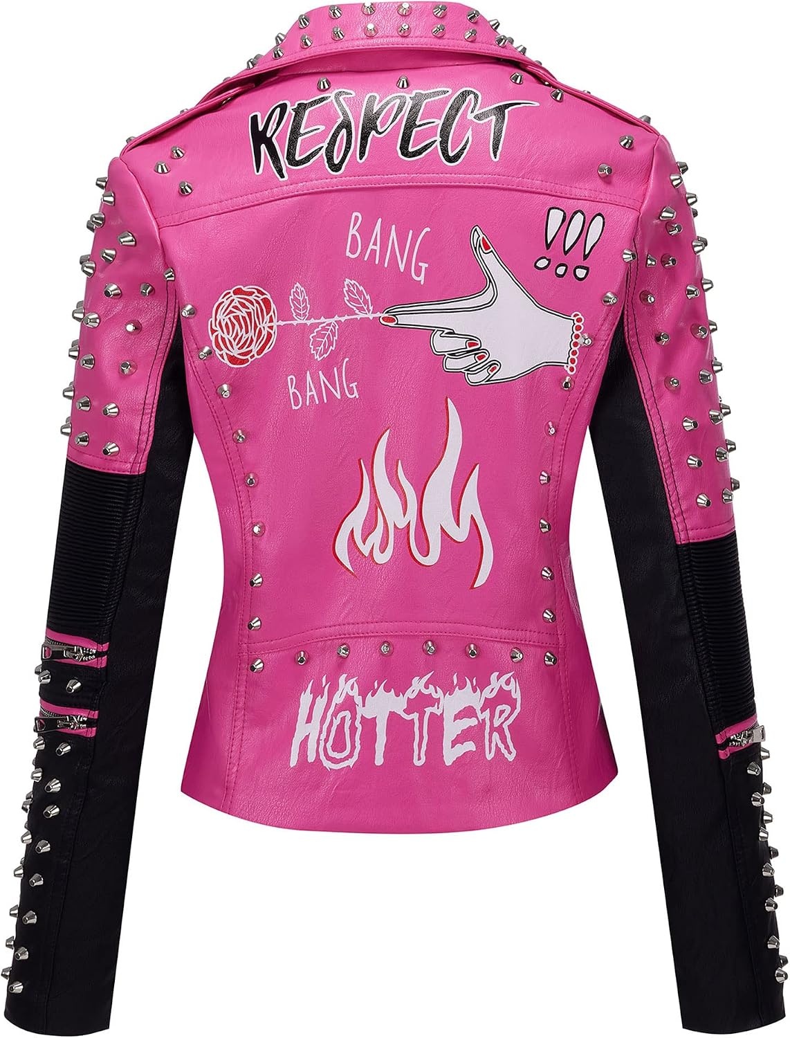 image:imageBellivera Faux Leather Jacket for Women Floral Moto Short Coat Vegan Spring Fall Belted Streetwear with Punk Graffiti Graphic Print Notched Studded Lapel Asymmetrical zip For ConcertPink Black