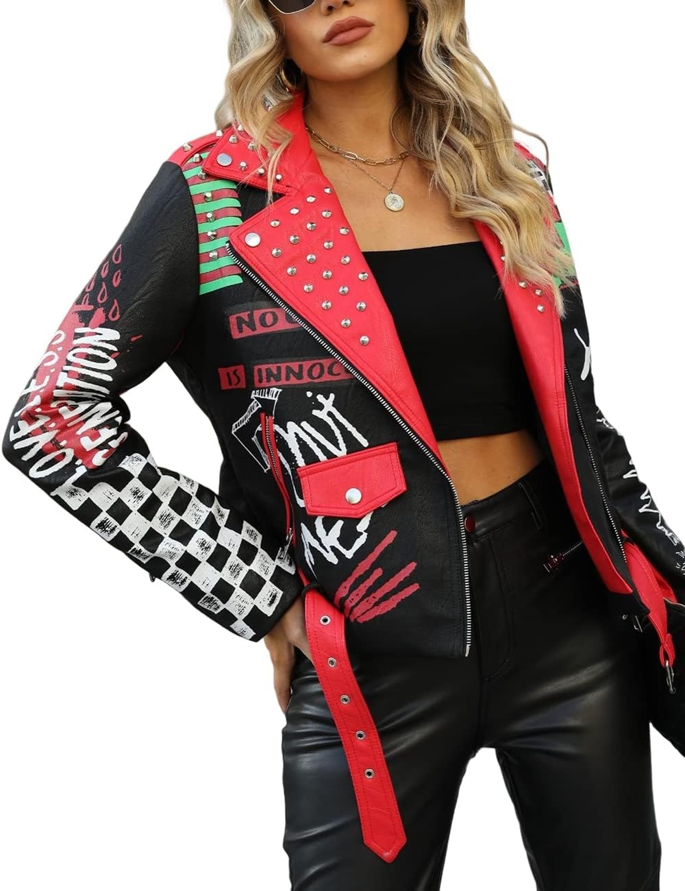 image:imageBellivera Faux Leather Jacket for Women Floral Moto Short Coat Vegan Spring Fall Belted Streetwear with Punk Graffiti Graphic Print Notched Studded Lapel Asymmetrical zip For ConcertBlack Red