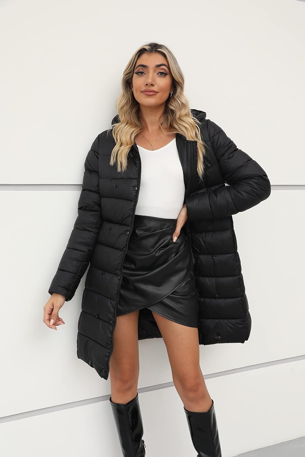 image:imageBellivera Women Faux Leather Winter Trendy Thicken Puffer Jacket Warm Quilted Water Resistant Bubble Coat Zip Slim Fit Coldresistant Padded Outerwear with Long Fur Trim HoodPocketsCoal Black