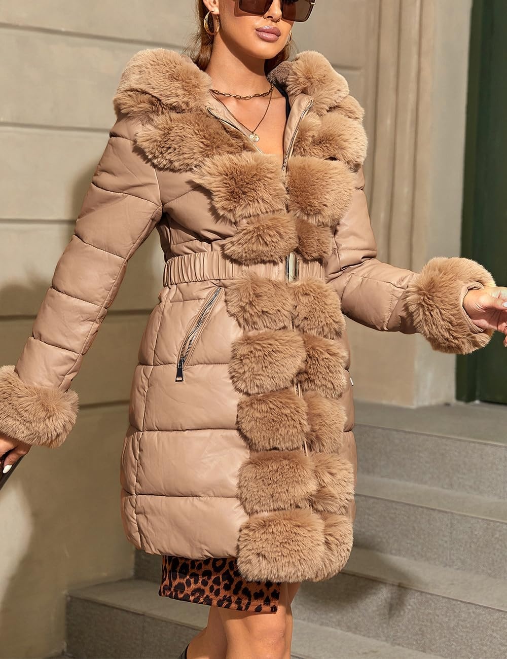 image:imageBellivera Women Faux Leather Winter Trendy Thicken Puffer Jacket Warm Quilted Water Resistant Bubble Coat Zip Slim Fit Coldresistant Padded Outerwear with Long Fur Trim HoodPocketsApricot