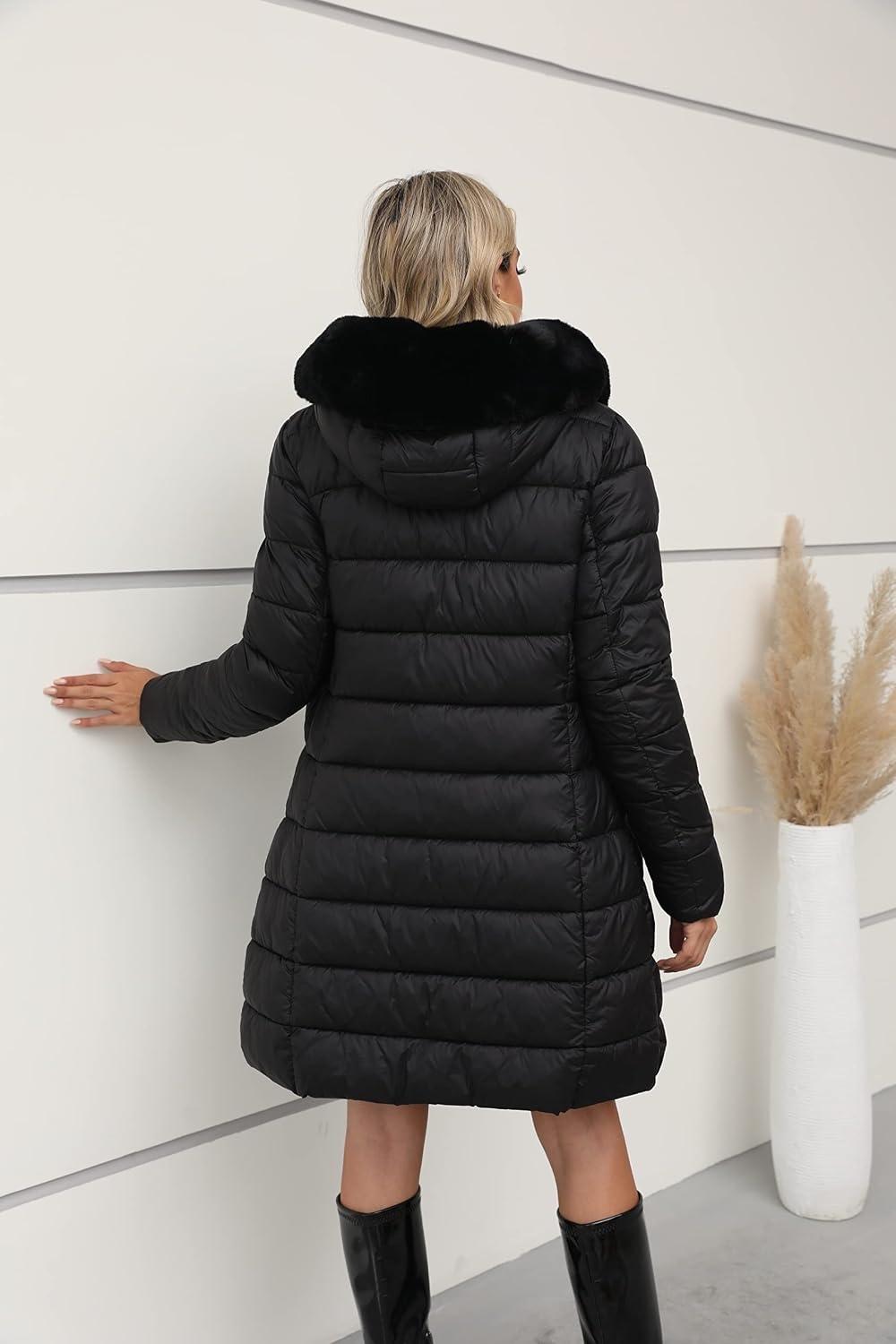 image:imageBellivera Women Faux Leather Winter Trendy Thicken Puffer Jacket Warm Quilted Water Resistant Bubble Coat Zip Slim Fit Coldresistant Padded Outerwear with Long Fur Trim HoodPocketsCoal Black