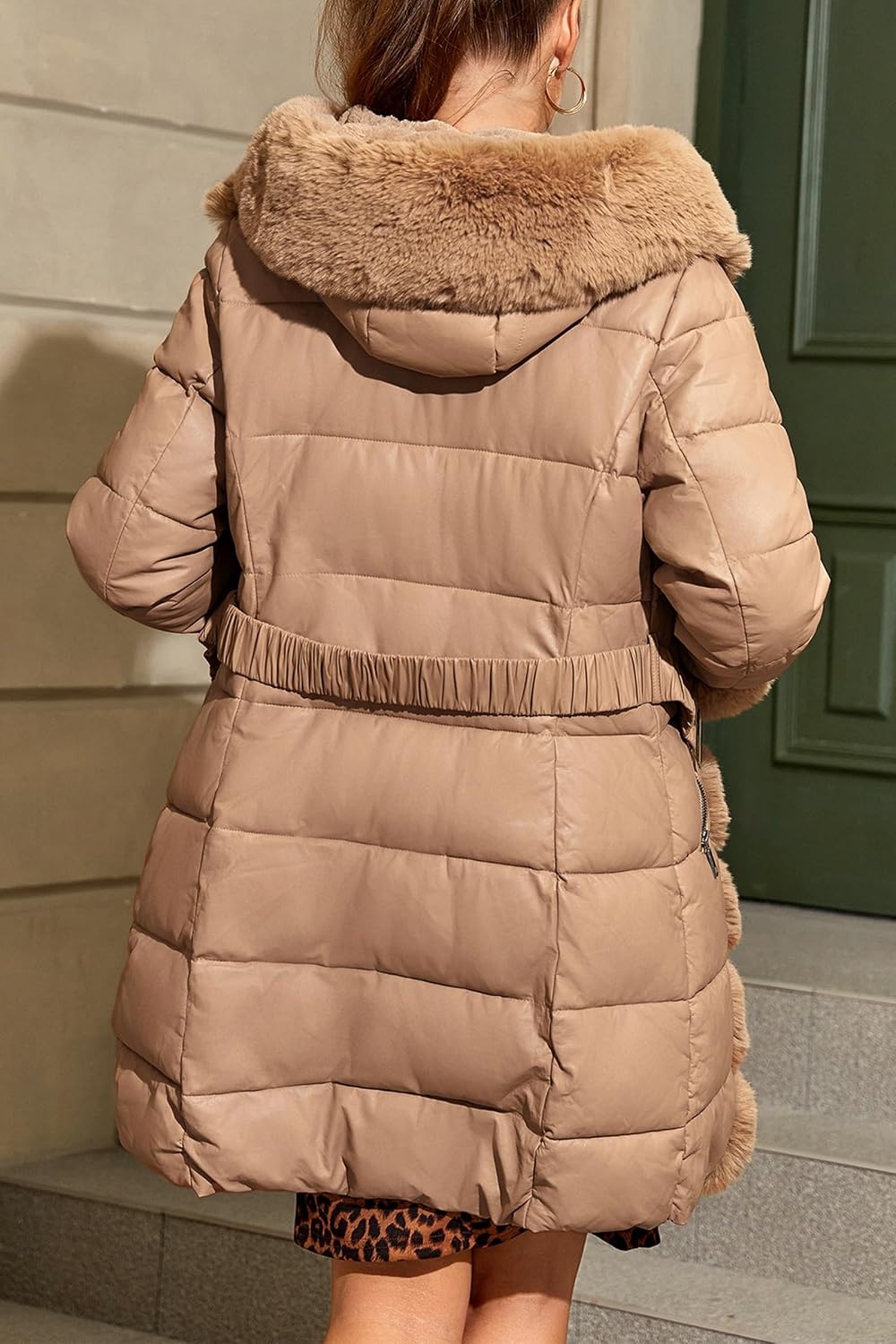image:imageBellivera Women Faux Leather Winter Trendy Thicken Puffer Jacket Warm Quilted Water Resistant Bubble Coat Zip Slim Fit Coldresistant Padded Outerwear with Long Fur Trim HoodPocketsApricot