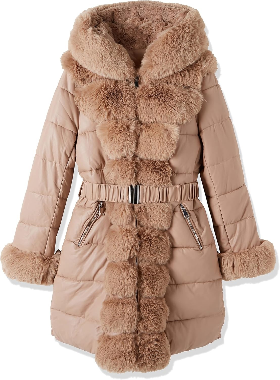 image:imageBellivera Women Faux Leather Winter Trendy Thicken Puffer Jacket Warm Quilted Water Resistant Bubble Coat Zip Slim Fit Coldresistant Padded Outerwear with Long Fur Trim HoodPocketsApricot