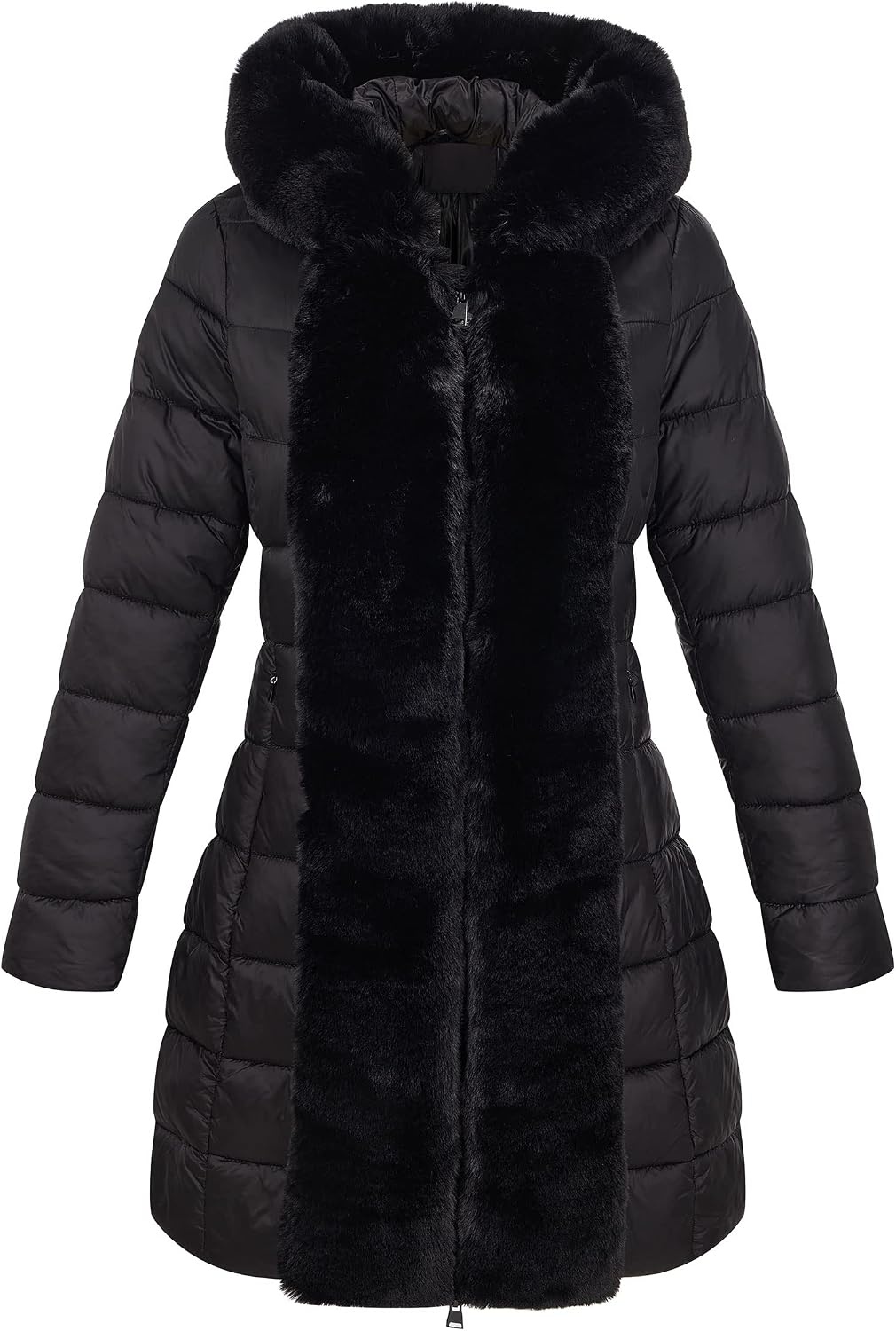 image:imageBellivera Women Faux Leather Winter Trendy Thicken Puffer Jacket Warm Quilted Water Resistant Bubble Coat Zip Slim Fit Coldresistant Padded Outerwear with Long Fur Trim HoodPocketsCoal Black