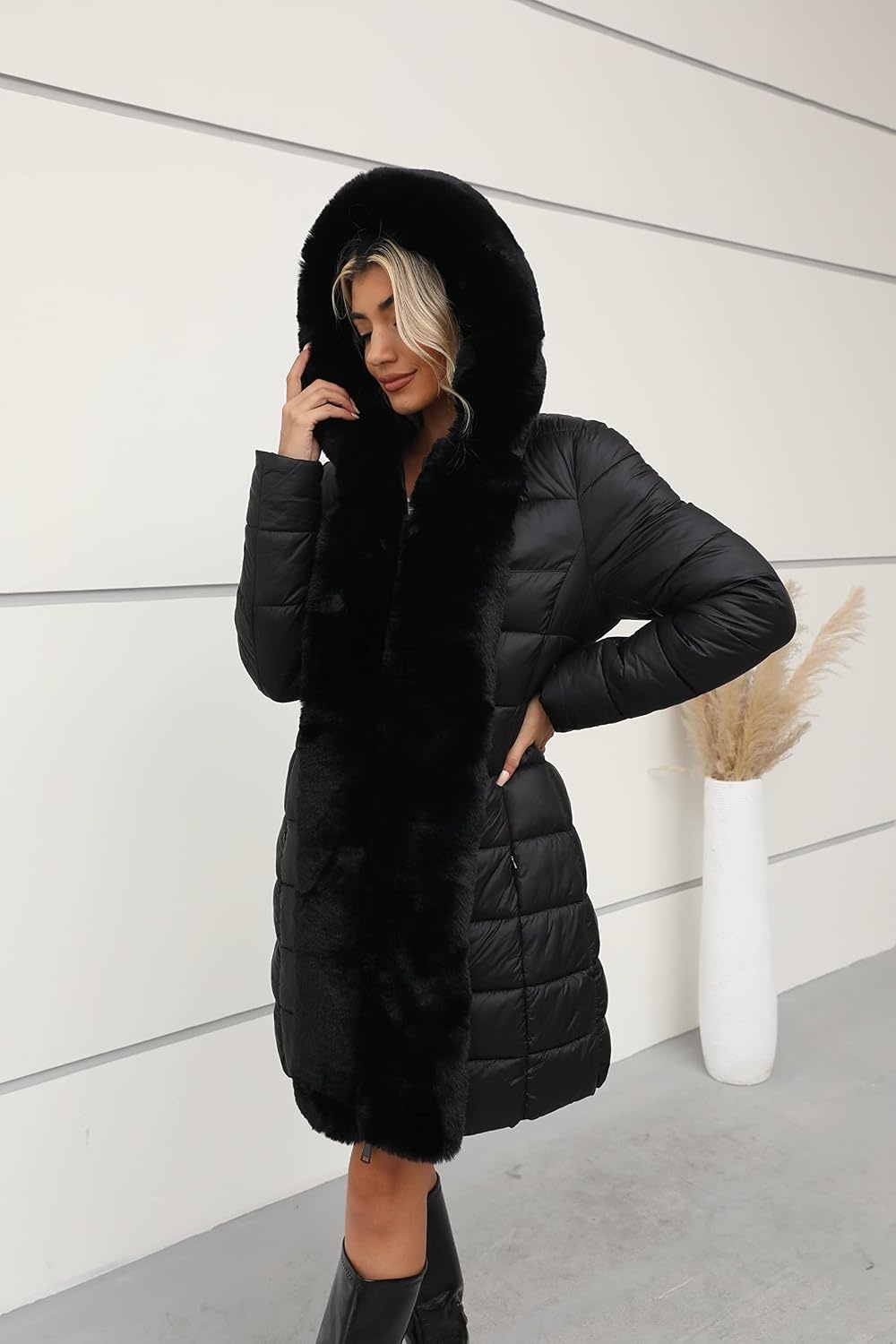 image:imageBellivera Women Faux Leather Winter Trendy Thicken Puffer Jacket Warm Quilted Water Resistant Bubble Coat Zip Slim Fit Coldresistant Padded Outerwear with Long Fur Trim HoodPocketsCoal Black