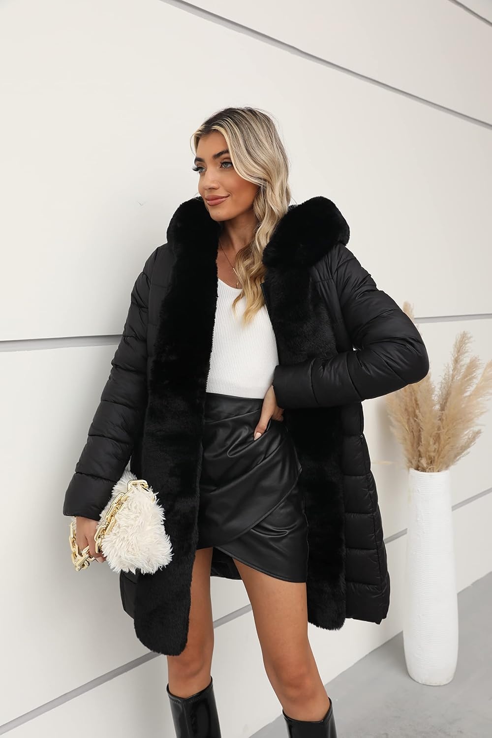 image:imageBellivera Women Faux Leather Winter Trendy Thicken Puffer Jacket Warm Quilted Water Resistant Bubble Coat Zip Slim Fit Coldresistant Padded Outerwear with Long Fur Trim HoodPocketsCoal Black