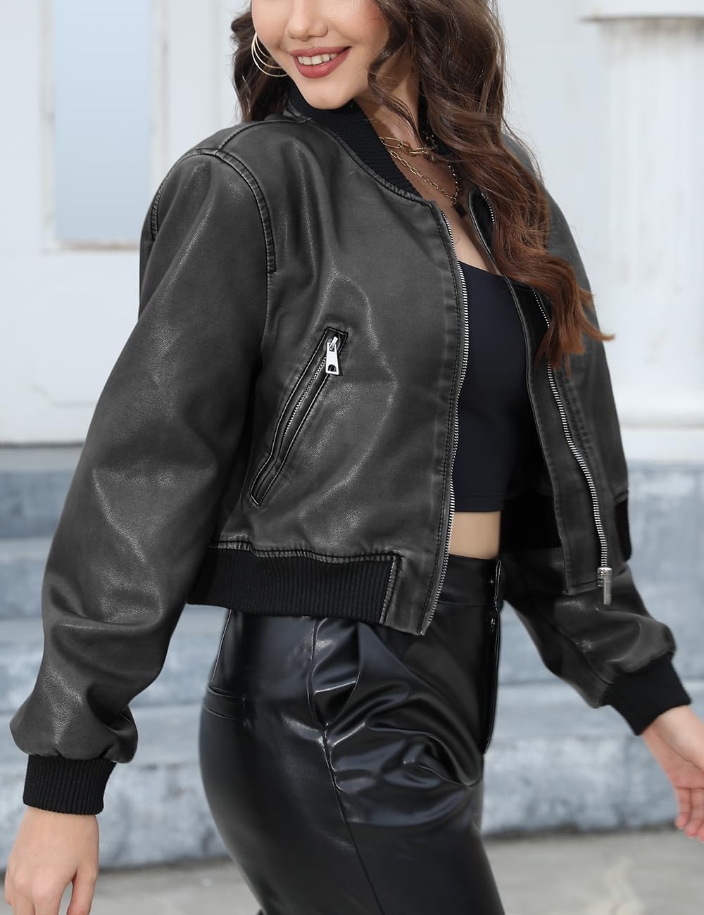 image:imageBellivera Womens Cropped Faux Leather Jacket Bomber PU Moto Coat Lightweight Lined Zip Up Aviator Bike Outwear Cute Short Spring Fall Edgy Vintage Outfit for Casual Rock ConcertCharcoal Gray