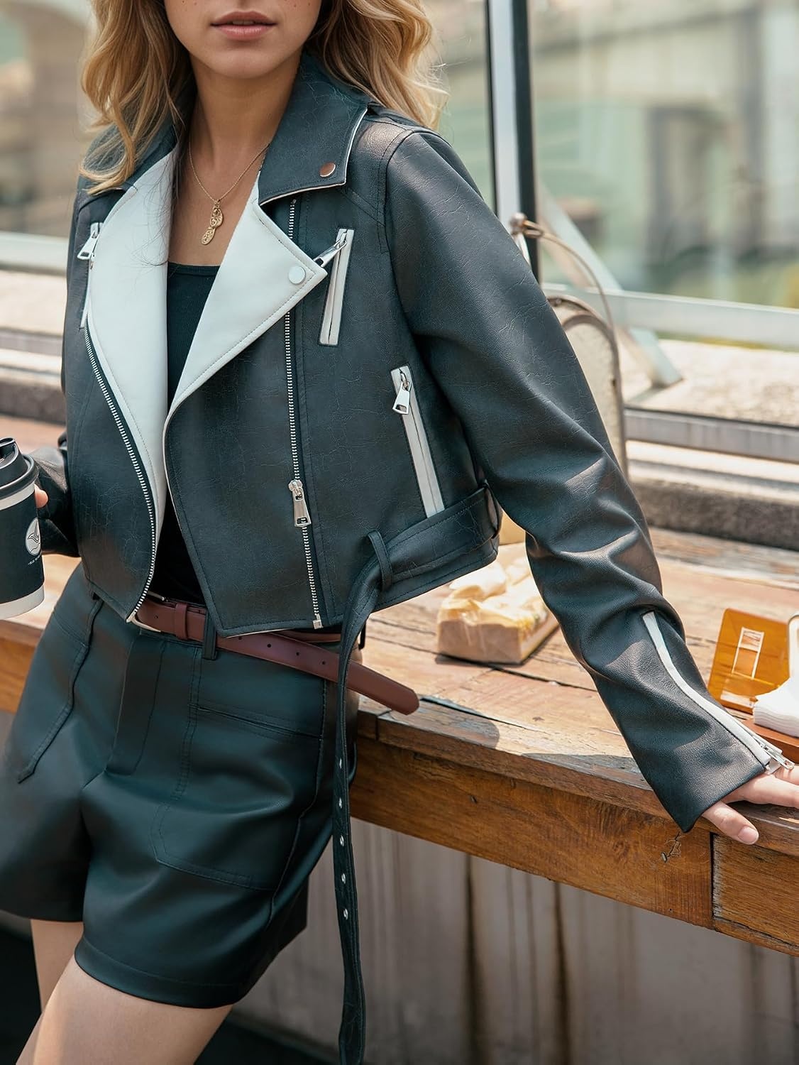 image:imageBellivera Womens Cropped Faux Leather Jacket Bomber PU Moto Coat Lightweight Lined Zip Up Aviator Bike Outwear Cute Short Spring Fall Edgy Vintage Outfit for Casual Rock ConcertBlack White Studded