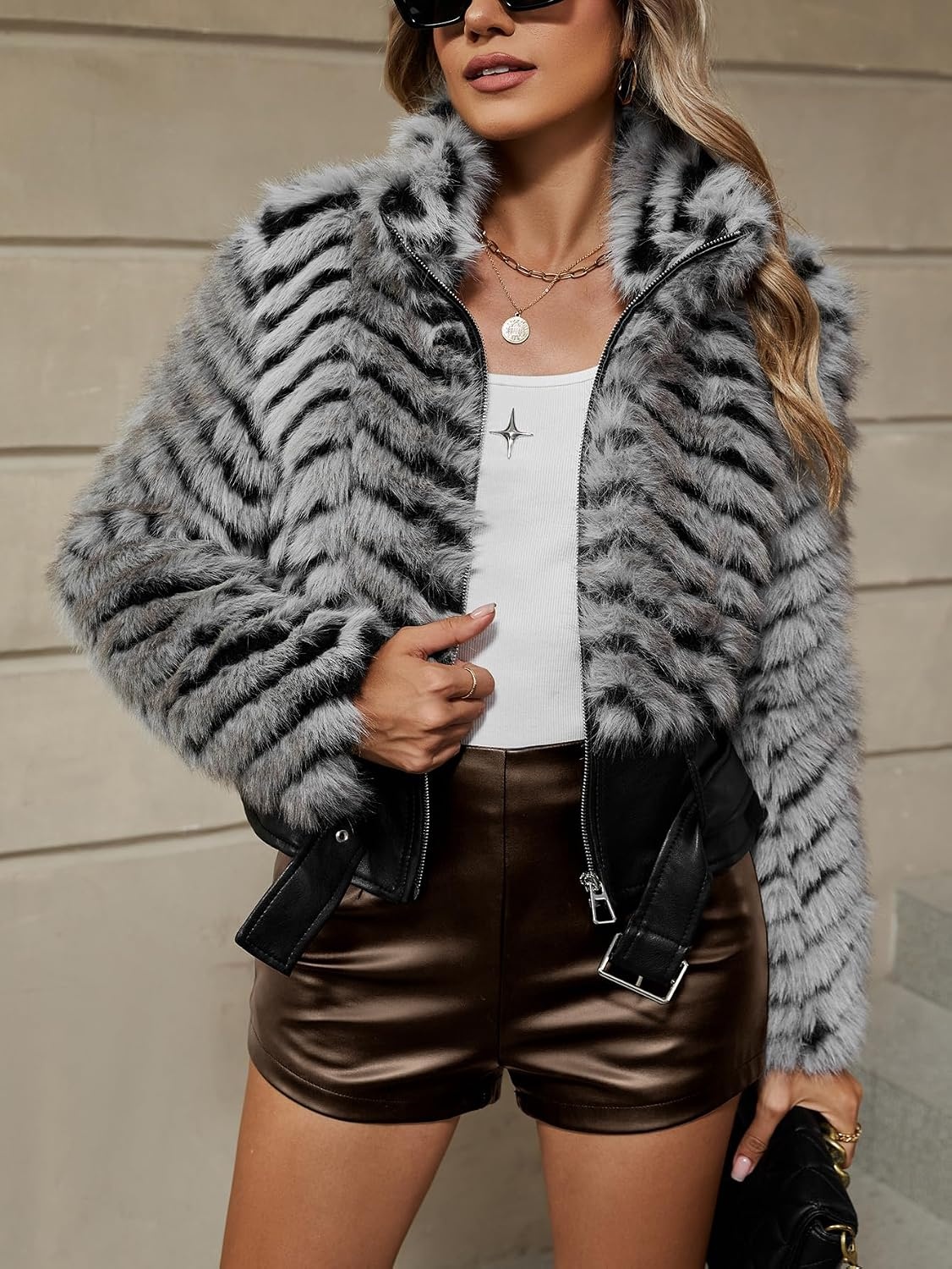 image:imageBellivera Womens Faux Fur Cropped Jacket Fluffy Fleece Zip Coat Long Sleeve Fuzzy Shaggy Fur Short Warm Soft Outerwear for Fall Winter with Faux Leather Spliced LapelGrey Belted Jacket