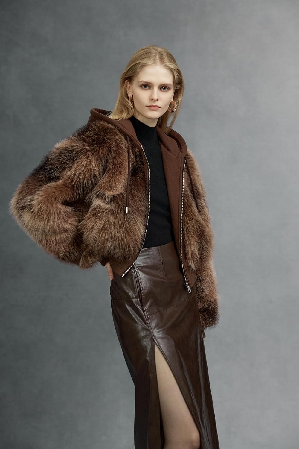 image:imageBellivera Womens Faux Fur Cropped Jacket Fluffy Fleece Zip Coat Long Sleeve Fuzzy Shaggy Fur Short Warm Soft Outerwear for Fall Winter with Faux Leather Spliced LapelCoffee