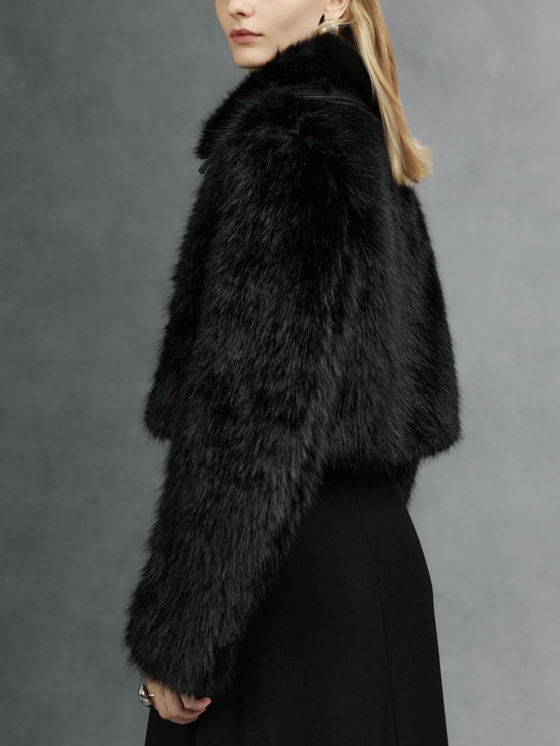 image:imageBellivera Womens Faux Fur Cropped Jacket Fluffy Fleece Zip Coat Long Sleeve Fuzzy Shaggy Fur Short Warm Soft Outerwear for Fall Winter with Faux Leather Spliced LapelPure Black Crop