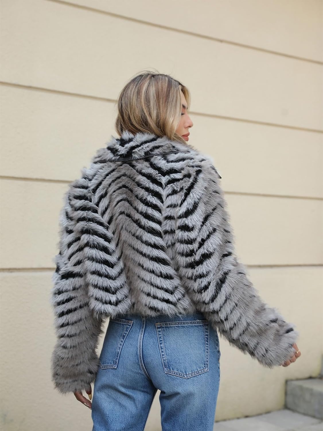 image:imageBellivera Womens Faux Fur Cropped Jacket Fluffy Fleece Zip Coat Long Sleeve Fuzzy Shaggy Fur Short Warm Soft Outerwear for Fall Winter with Faux Leather Spliced LapelBlack