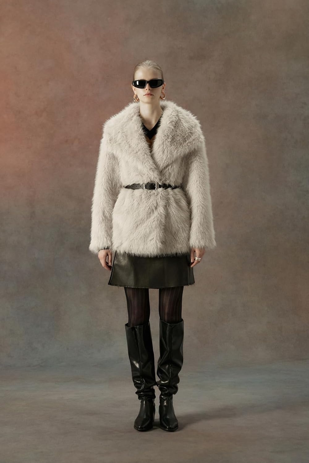 image:imageBellivera Womens Faux Fur Cropped Jacket Fluffy Fleece Zip Coat Long Sleeve Fuzzy Shaggy Fur Short Warm Soft Outerwear for Fall Winter with Faux Leather Spliced LapelBeige