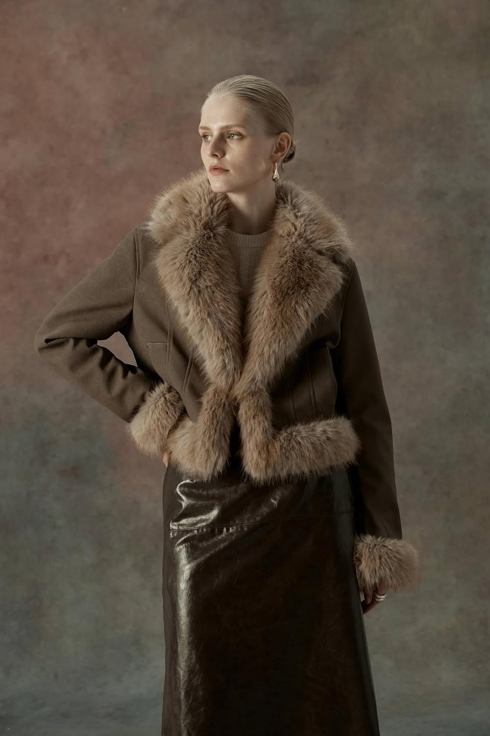 image:imageBellivera Womens Faux Fur Cropped Jacket Fluffy Fleece Zip Coat Long Sleeve Fuzzy Shaggy Fur Short Warm Soft Outerwear for Fall Winter with Faux Leather Spliced LapelCamel