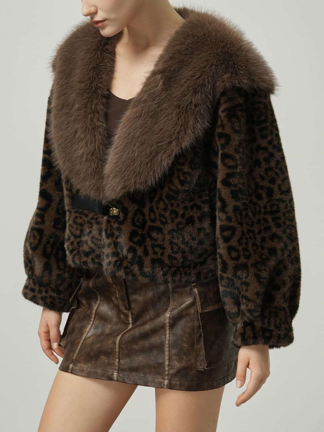 image:imageBellivera Womens Faux Fur Cropped Jacket Fluffy Fleece Zip Coat Long Sleeve Fuzzy Shaggy Fur Short Warm Soft Outerwear for Fall Winter with Faux Leather Spliced LapelBrown Fuzzy Jacket