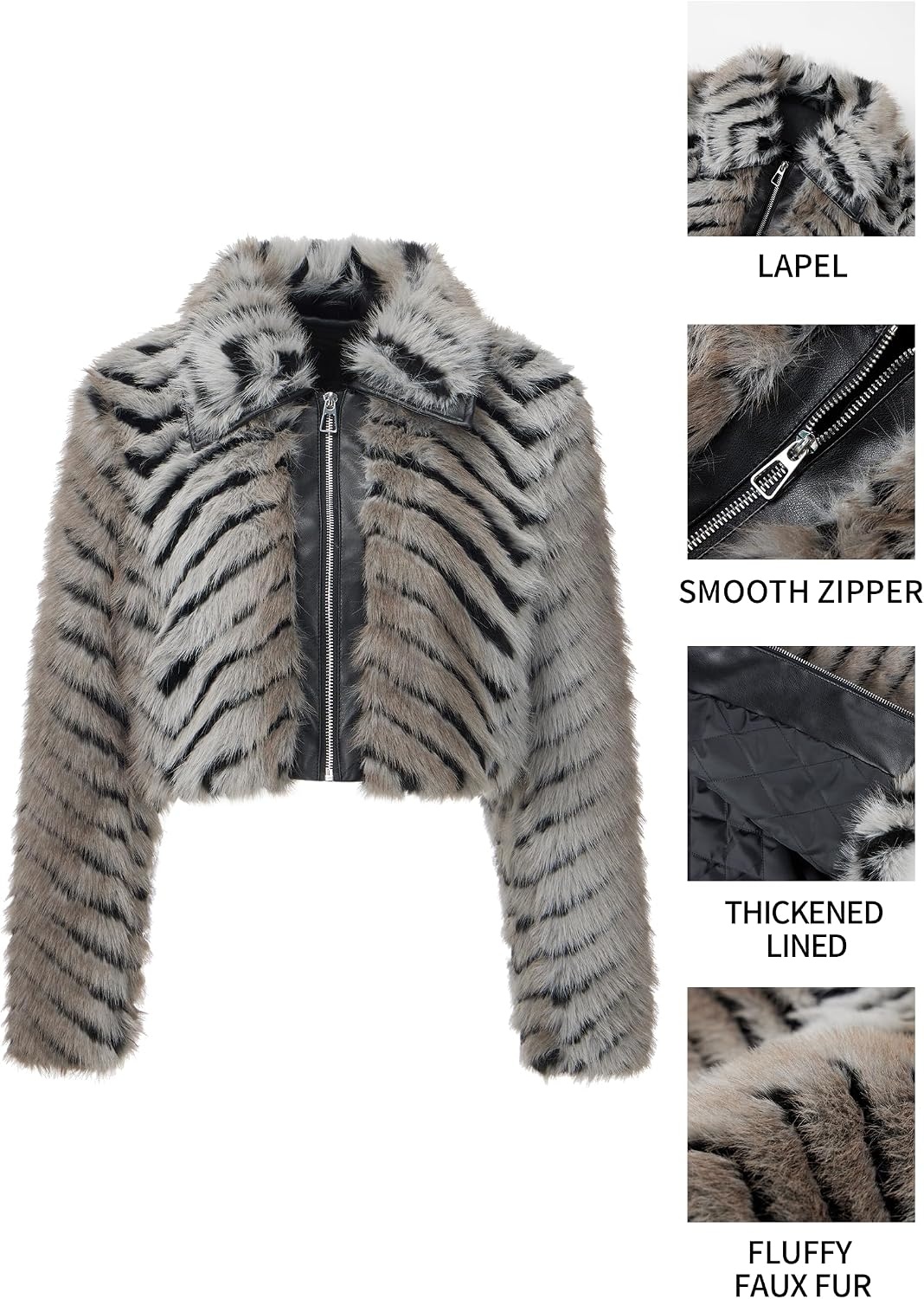 image:imageBellivera Womens Faux Fur Cropped Jacket Fluffy Fleece Zip Coat Long Sleeve Fuzzy Shaggy Fur Short Warm Soft Outerwear for Fall Winter with Faux Leather Spliced LapelBlack