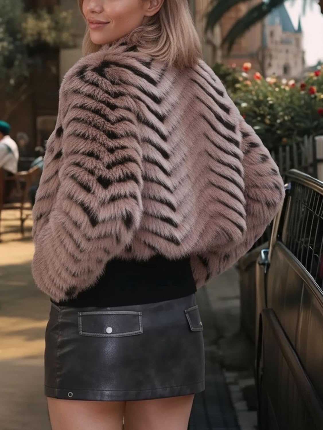 image:imageBellivera Womens Faux Fur Cropped Jacket Fluffy Fleece Zip Coat Long Sleeve Fuzzy Shaggy Fur Short Warm Soft Outerwear for Fall Winter with Faux Leather Spliced LapelBrown