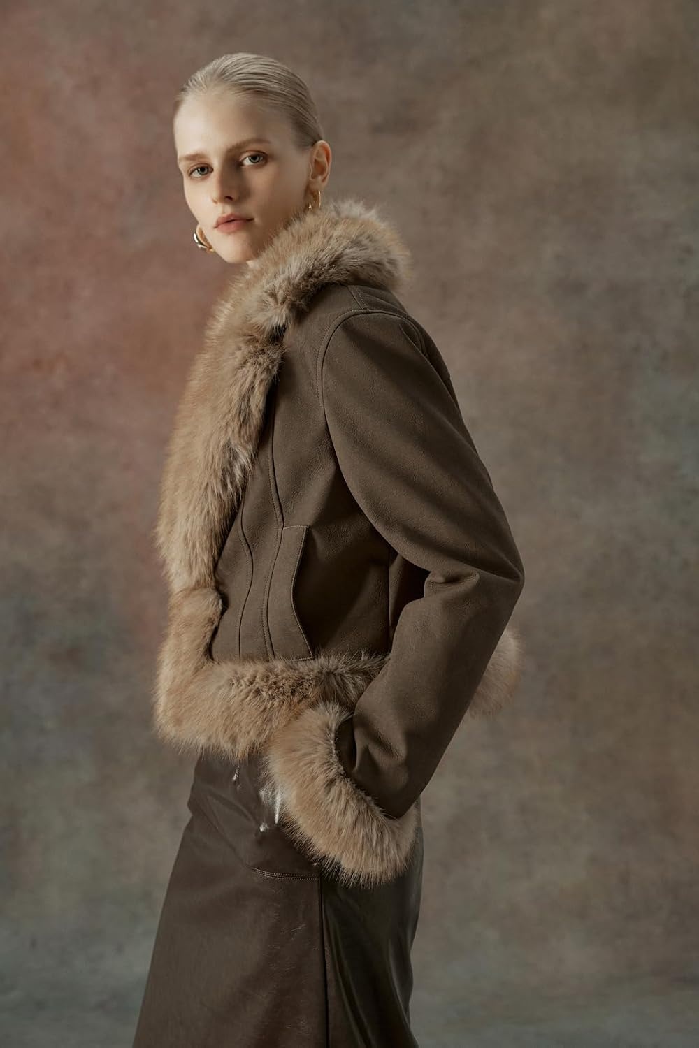 image:imageBellivera Womens Faux Fur Cropped Jacket Fluffy Fleece Zip Coat Long Sleeve Fuzzy Shaggy Fur Short Warm Soft Outerwear for Fall Winter with Faux Leather Spliced LapelCamel