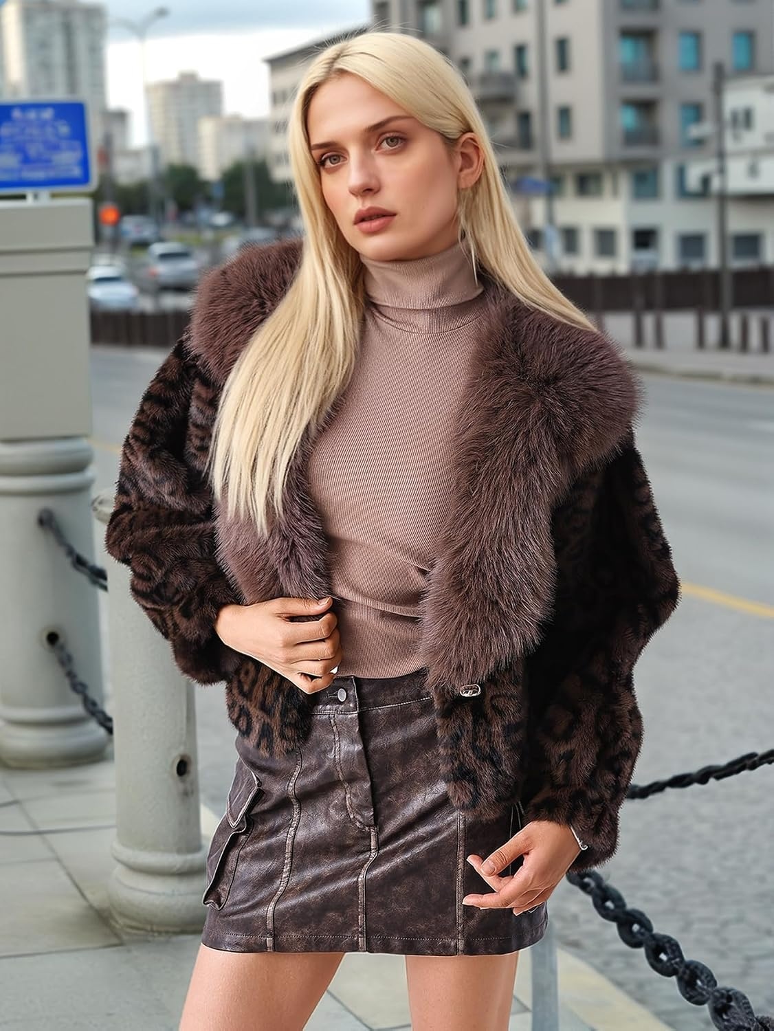 image:imageBellivera Womens Faux Fur Cropped Jacket Fluffy Fleece Zip Coat Long Sleeve Fuzzy Shaggy Fur Short Warm Soft Outerwear for Fall Winter with Faux Leather Spliced LapelBrown Fuzzy Jacket