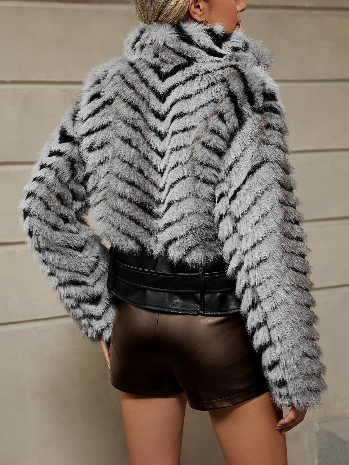 image:imageBellivera Womens Faux Fur Cropped Jacket Fluffy Fleece Zip Coat Long Sleeve Fuzzy Shaggy Fur Short Warm Soft Outerwear for Fall Winter with Faux Leather Spliced LapelGrey Belted Jacket