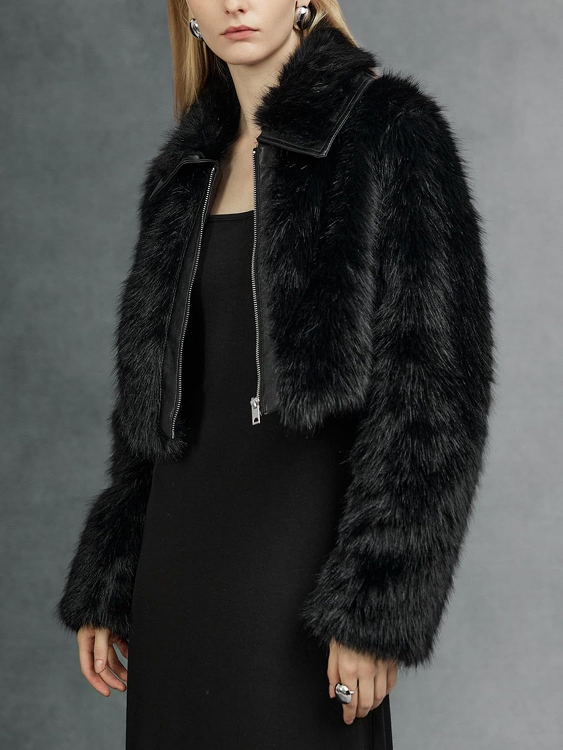 image:imageBellivera Womens Faux Fur Cropped Jacket Fluffy Fleece Zip Coat Long Sleeve Fuzzy Shaggy Fur Short Warm Soft Outerwear for Fall Winter with Faux Leather Spliced LapelPure Black Crop