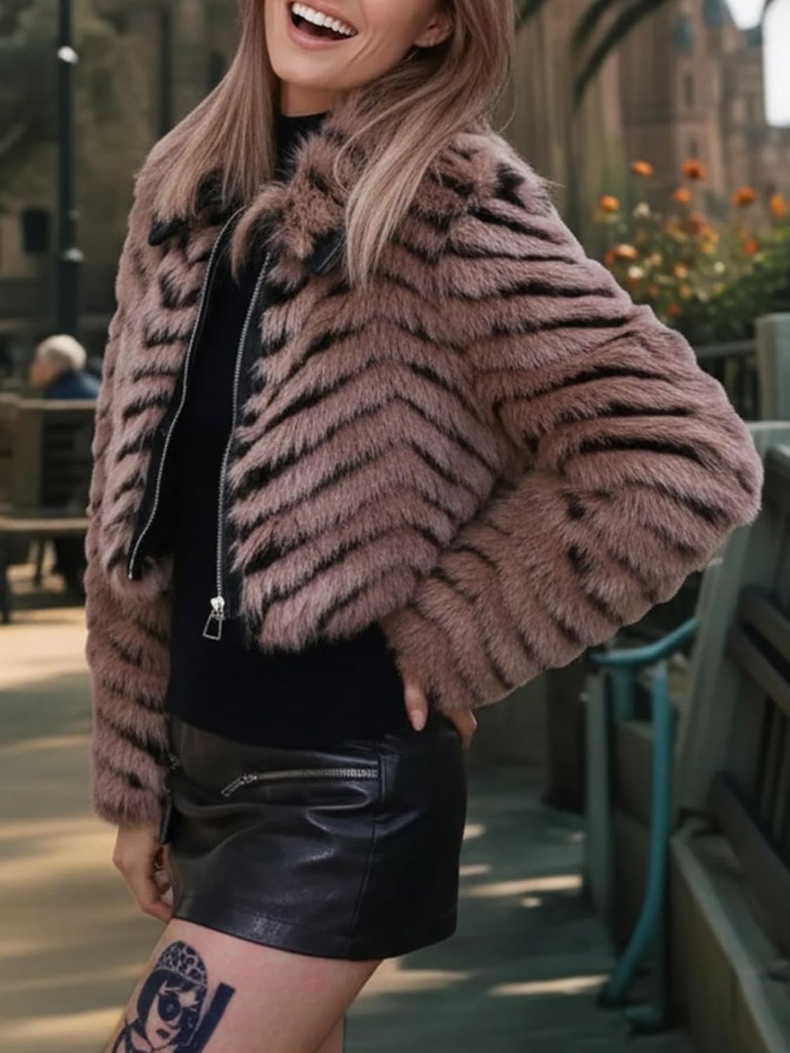 image:imageBellivera Womens Faux Fur Cropped Jacket Fluffy Fleece Zip Coat Long Sleeve Fuzzy Shaggy Fur Short Warm Soft Outerwear for Fall Winter with Faux Leather Spliced LapelBrown