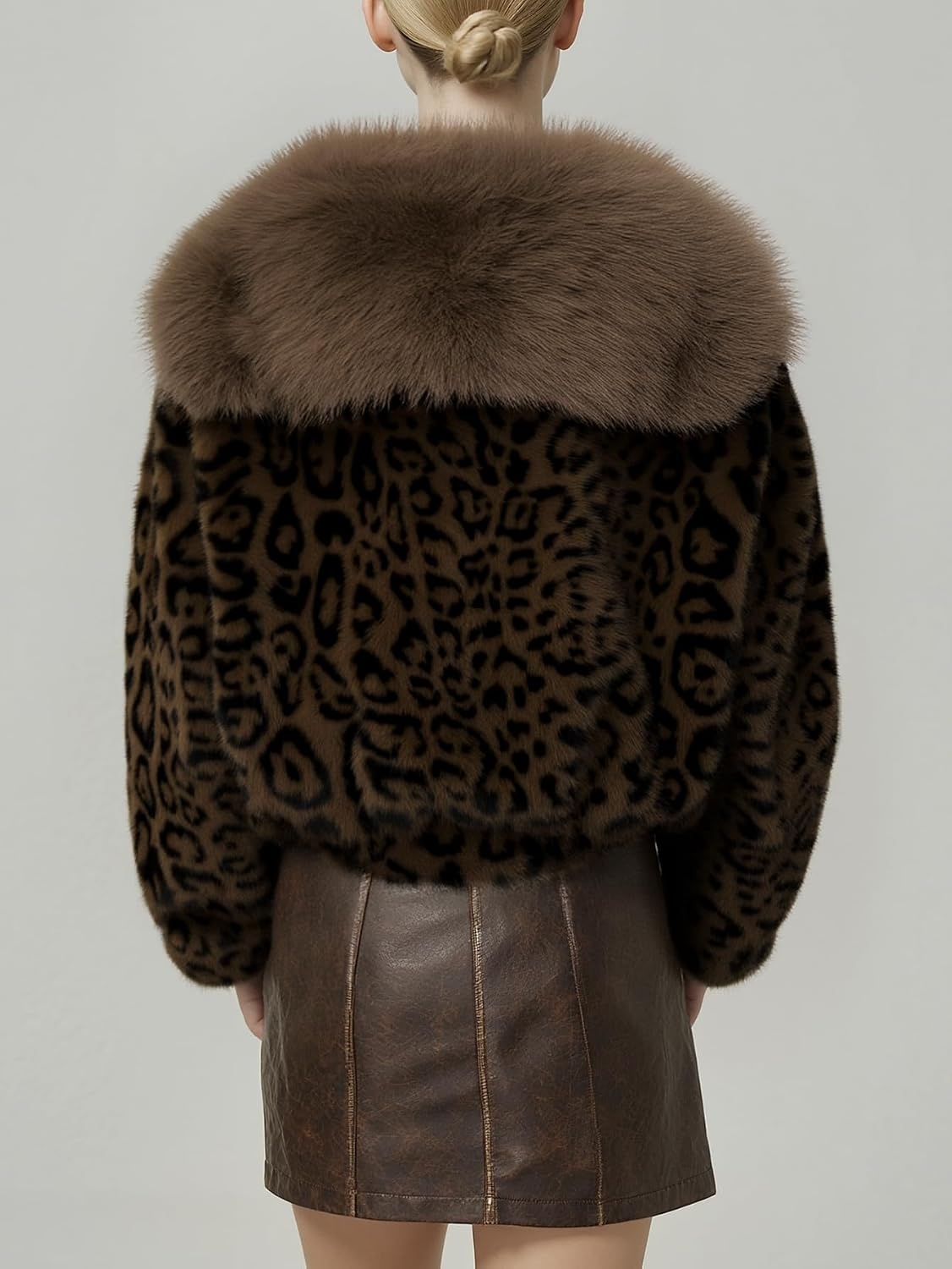 image:imageBellivera Womens Faux Fur Cropped Jacket Fluffy Fleece Zip Coat Long Sleeve Fuzzy Shaggy Fur Short Warm Soft Outerwear for Fall Winter with Faux Leather Spliced LapelBrown Fuzzy Jacket