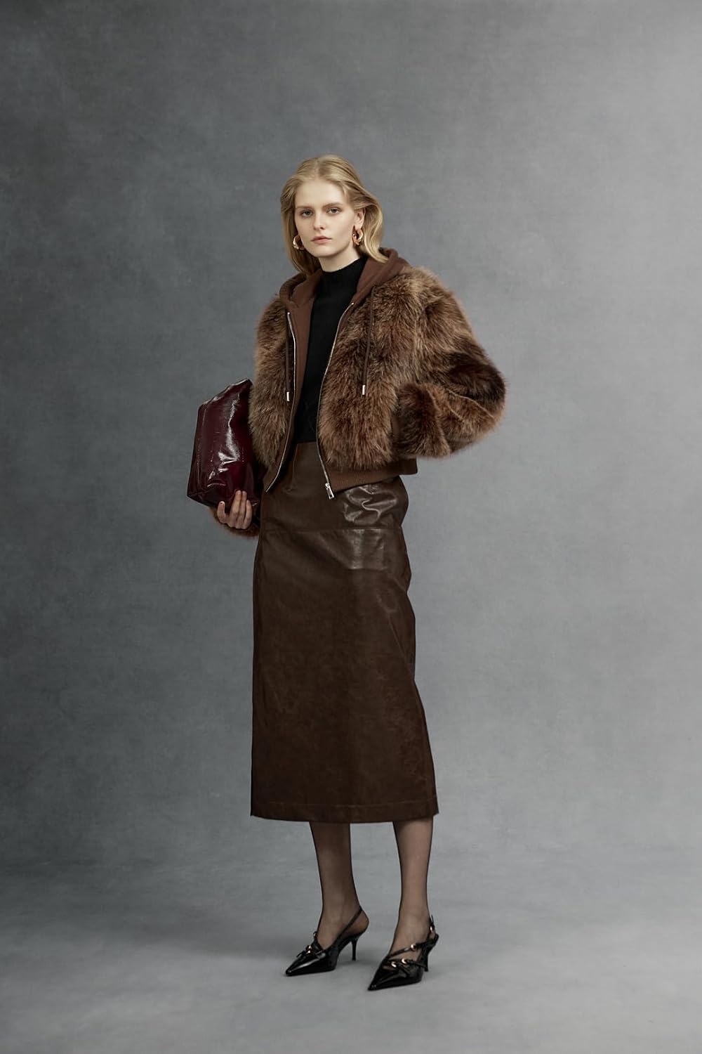 image:imageBellivera Womens Faux Fur Cropped Jacket Fluffy Fleece Zip Coat Long Sleeve Fuzzy Shaggy Fur Short Warm Soft Outerwear for Fall Winter with Faux Leather Spliced LapelCoffee