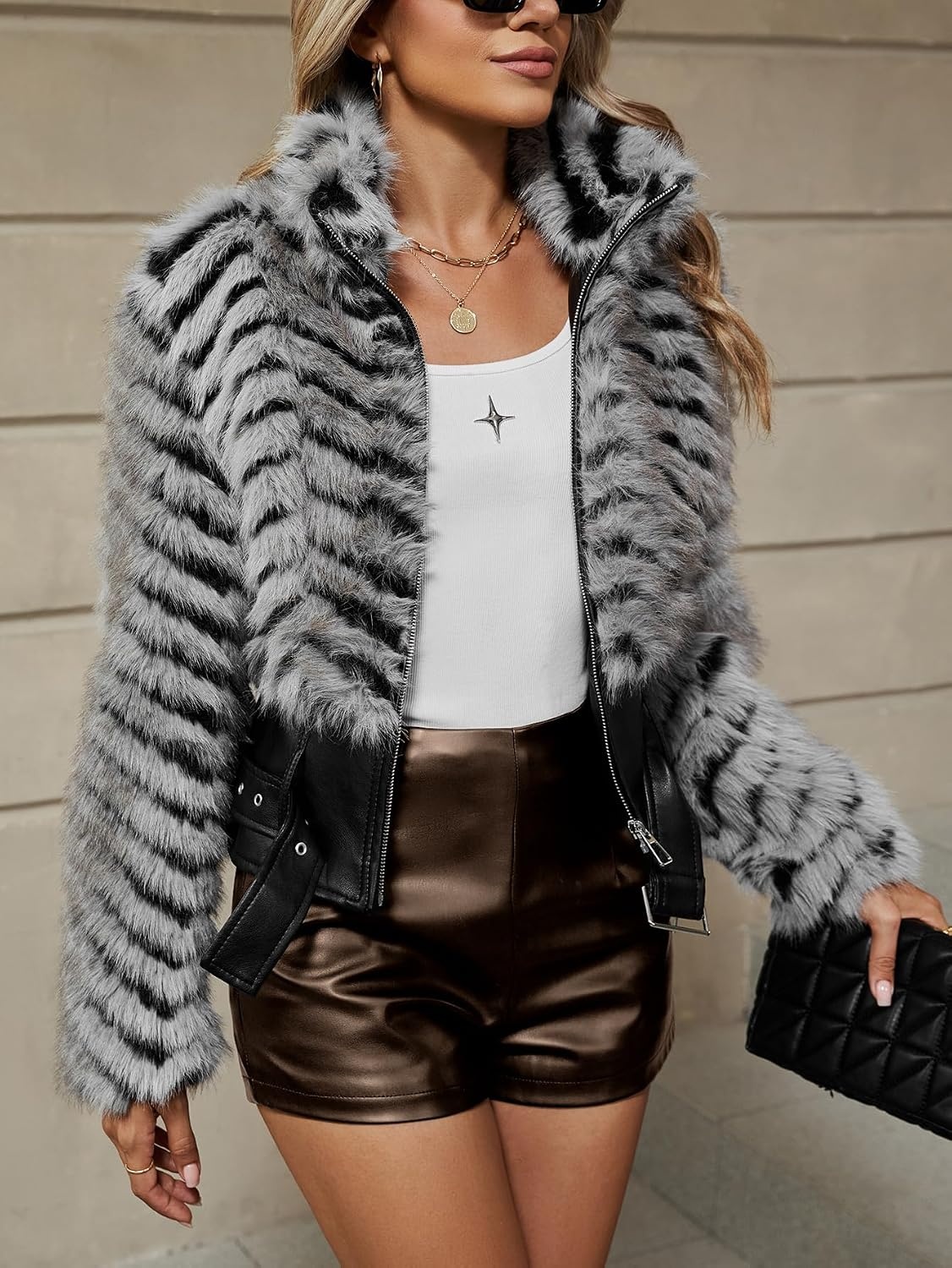 image:imageBellivera Womens Faux Fur Cropped Jacket Fluffy Fleece Zip Coat Long Sleeve Fuzzy Shaggy Fur Short Warm Soft Outerwear for Fall Winter with Faux Leather Spliced LapelGrey Belted Jacket