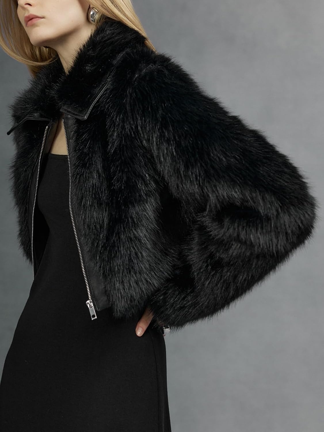 image:imageBellivera Womens Faux Fur Cropped Jacket Fluffy Fleece Zip Coat Long Sleeve Fuzzy Shaggy Fur Short Warm Soft Outerwear for Fall Winter with Faux Leather Spliced LapelPure Black Crop
