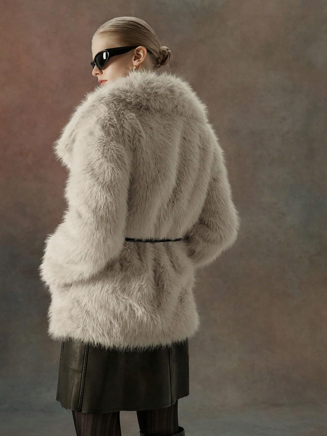image:imageBellivera Womens Faux Fur Cropped Jacket Fluffy Fleece Zip Coat Long Sleeve Fuzzy Shaggy Fur Short Warm Soft Outerwear for Fall Winter with Faux Leather Spliced LapelBeige