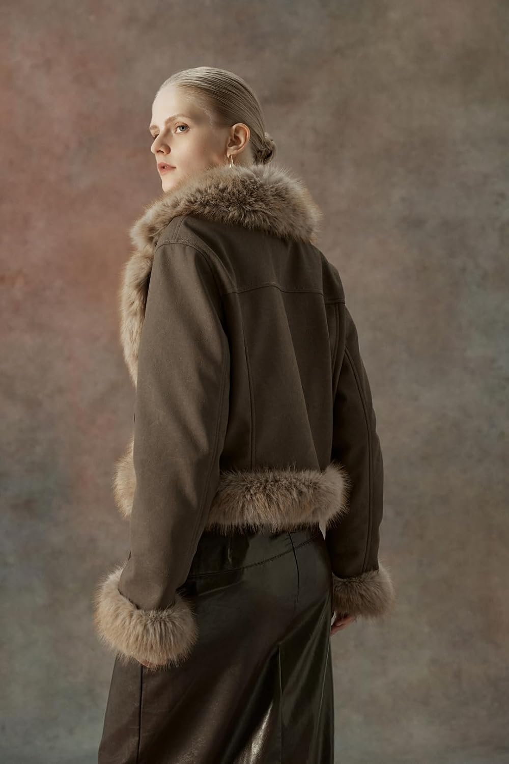 image:imageBellivera Womens Faux Fur Cropped Jacket Fluffy Fleece Zip Coat Long Sleeve Fuzzy Shaggy Fur Short Warm Soft Outerwear for Fall Winter with Faux Leather Spliced LapelCamel