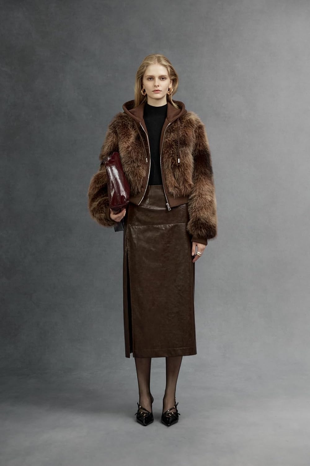 image:imageBellivera Womens Faux Fur Cropped Jacket Fluffy Fleece Zip Coat Long Sleeve Fuzzy Shaggy Fur Short Warm Soft Outerwear for Fall Winter with Faux Leather Spliced LapelCoffee