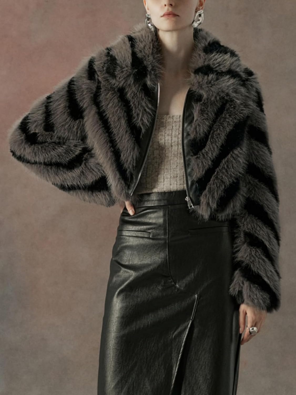 image:imageBellivera Womens Faux Fur Cropped Jacket Fluffy Fleece Zip Coat Long Sleeve Fuzzy Shaggy Fur Short Warm Soft Outerwear for Fall Winter with Faux Leather Spliced LapelDark Gray Crop